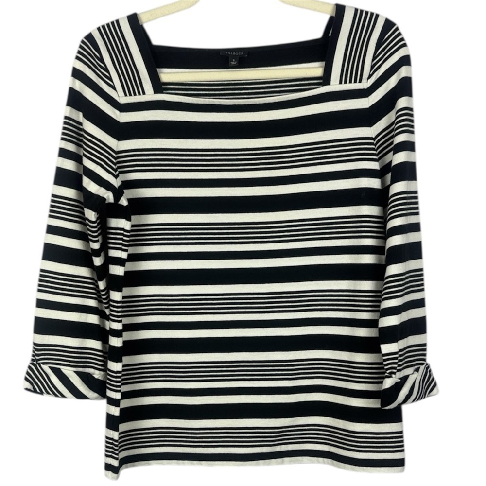 Talbots Cotton Classic Black White Striped Square Neckline 3/4 Sleeve Small Top